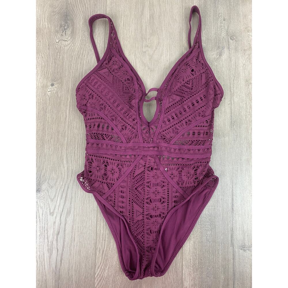 Becca by Rebecca Virtue Color Play Purple Crochet Lace Illusion Swimsuit Sz.S - Picture 5 of 16